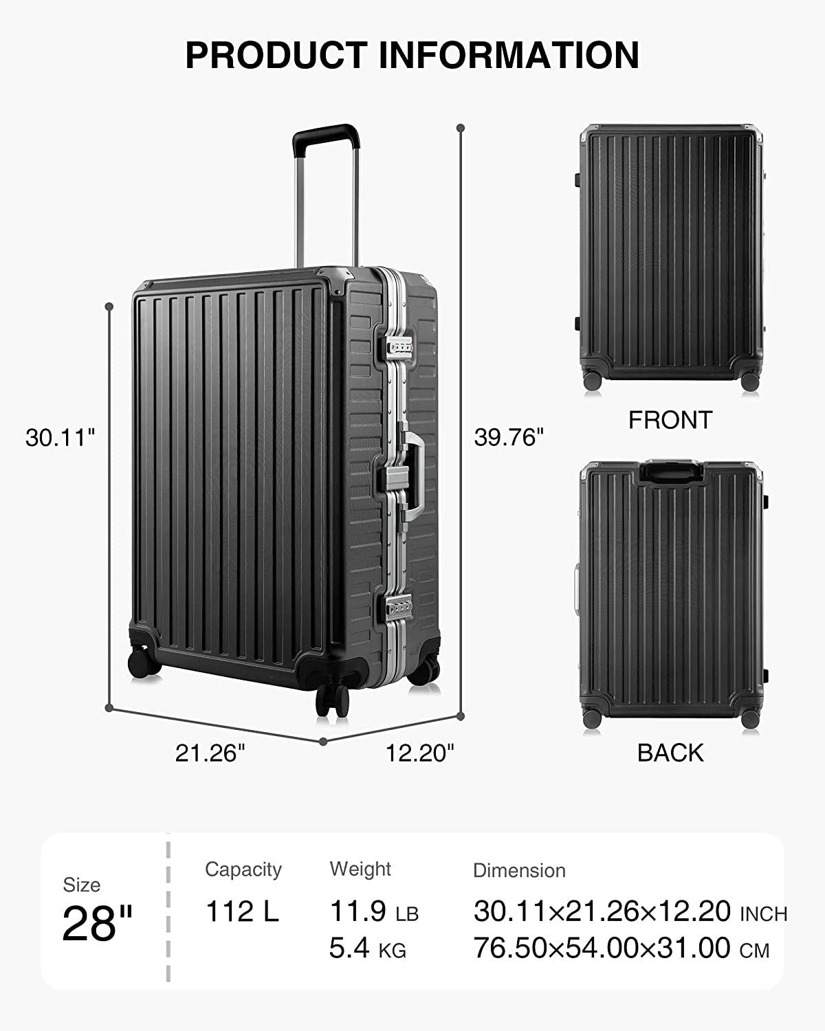 Aluminum Frame Luggage, PC Hard Shell Checked Suitcase with 4 Corners, Zipperless Luggage with Spinner Wheels