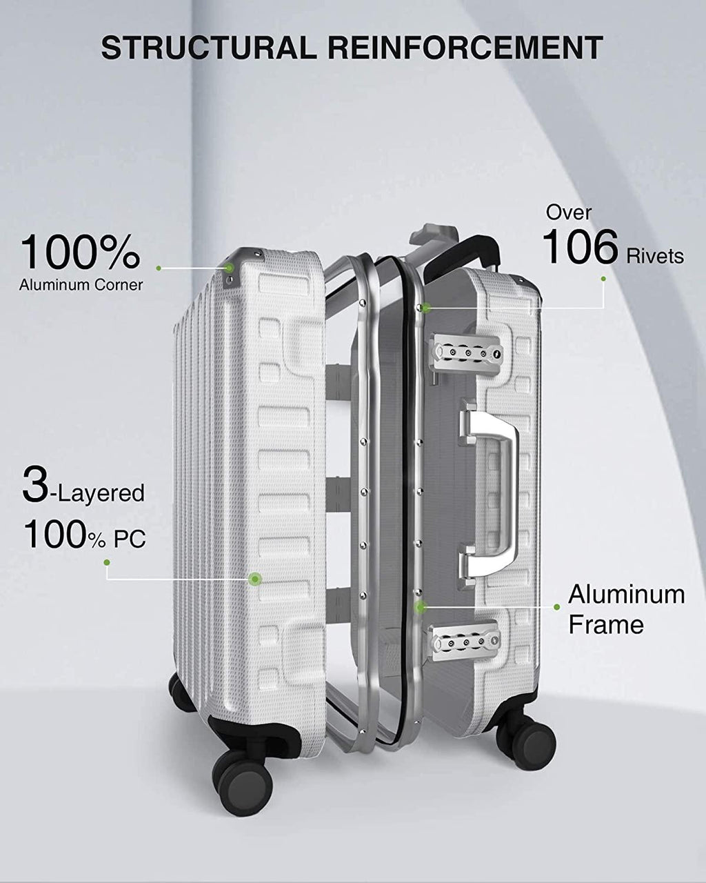 Aluminum Frame Luggage, PC Hard Shell Checked Suitcase with 4 Corners, Zipperless Luggage with Spinner Wheels