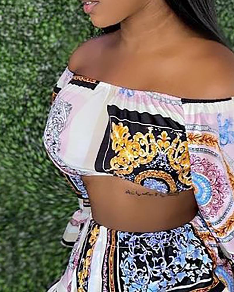 scarf print bell sleeve crop top &amp; ruffles shorts set