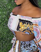 scarf print bell sleeve crop top &amp; ruffles shorts set