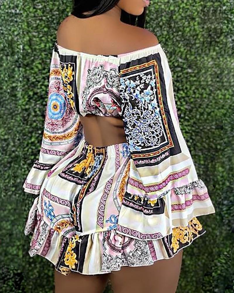 scarf print bell sleeve crop top &amp; ruffles shorts set