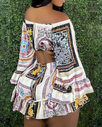 scarf print bell sleeve crop top &amp; ruffles shorts set