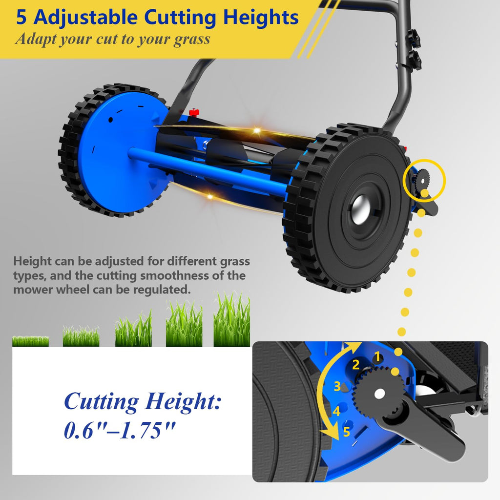 16-Inch Reel Lawn Mower with Tool-Blade Adjustment, 5-Blade Manual Push Lawn Mower, 5-Position Height Adjustable Hand Push Reel Mower