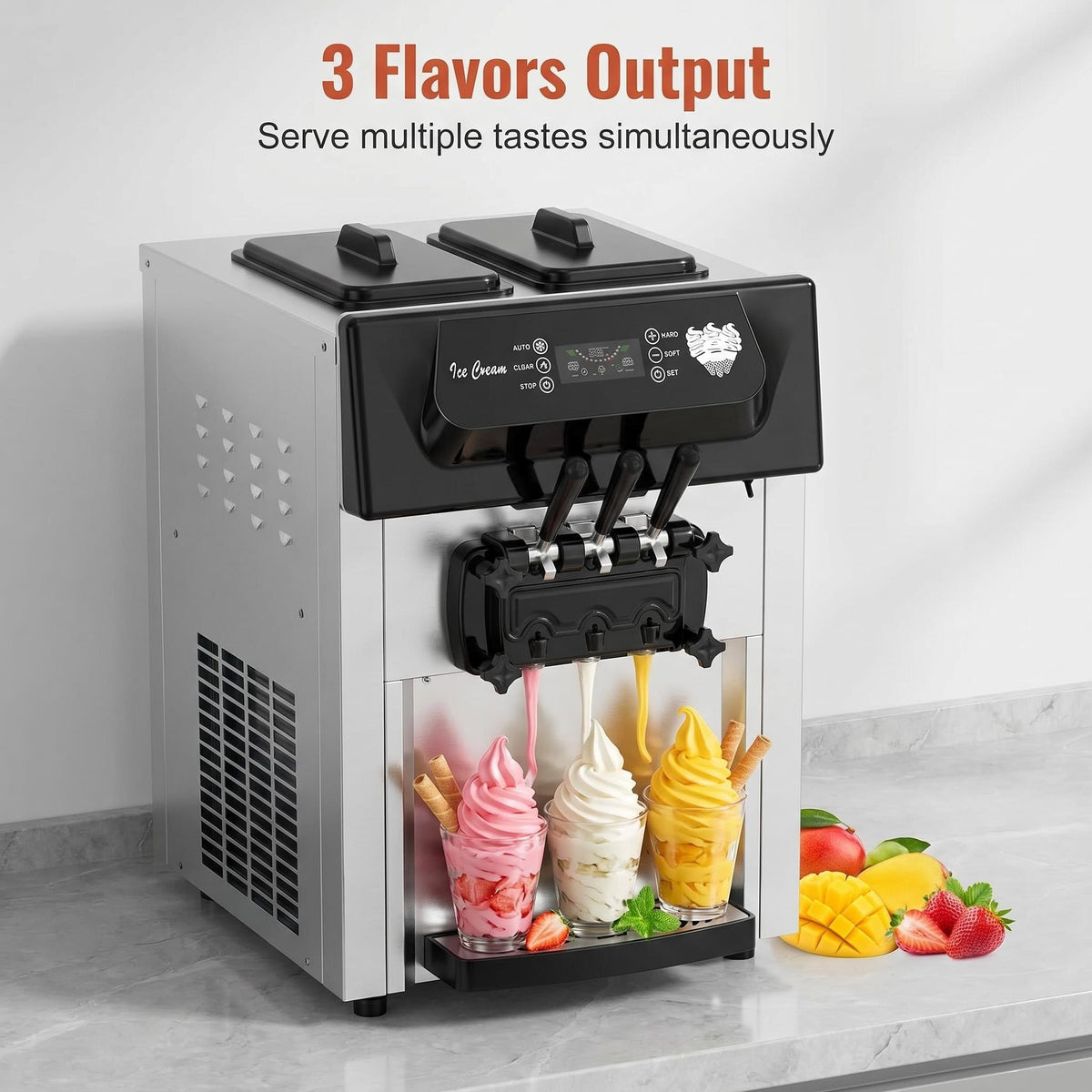 Commercial Ice Cream Machine, 2200W Soft Serve Maker, 3 Flavors | LCD Display, 5.3-7.4 Gal/H, Quiet Compressor, Self-Cleaning, Cone Holder，Ideal for Restaurant, Snack Bar, Cafe