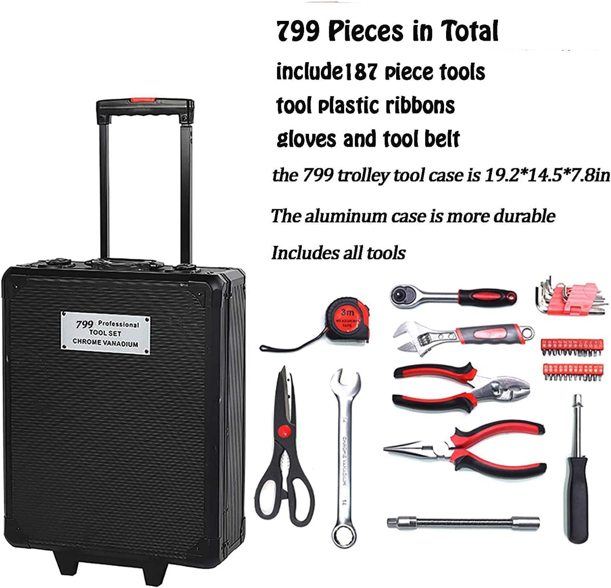 799pcs Aluminum Trolley Case Tool Set Silver, House Repair Kit Set, Household Hand Tool Set, with Tool Belt,Gift on Father's Day (Black)