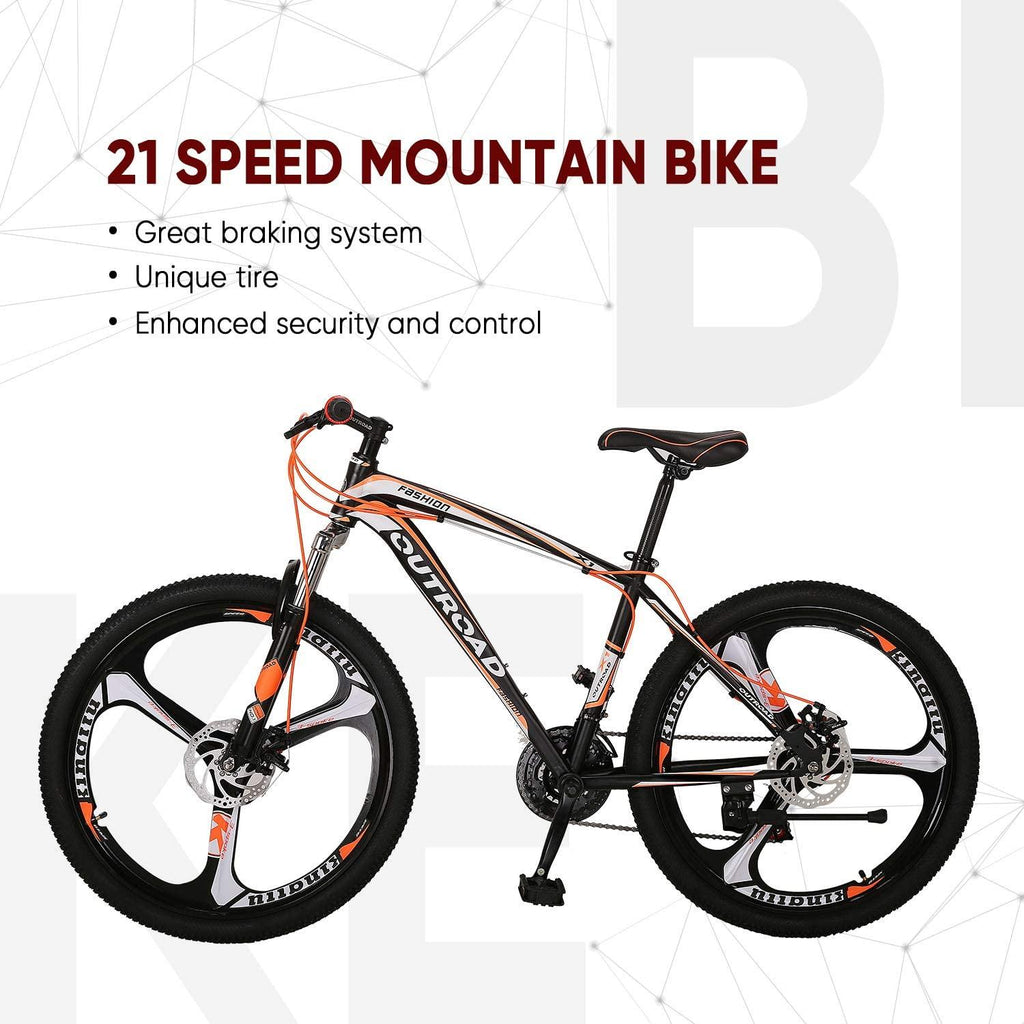 Outroad Mountain Bike 26-inch Wheel 21 Speed 3 Spoke Double Disc Brake Bicycle Suspension Fork Rear Anti-Slip Bike for Adult or Teens