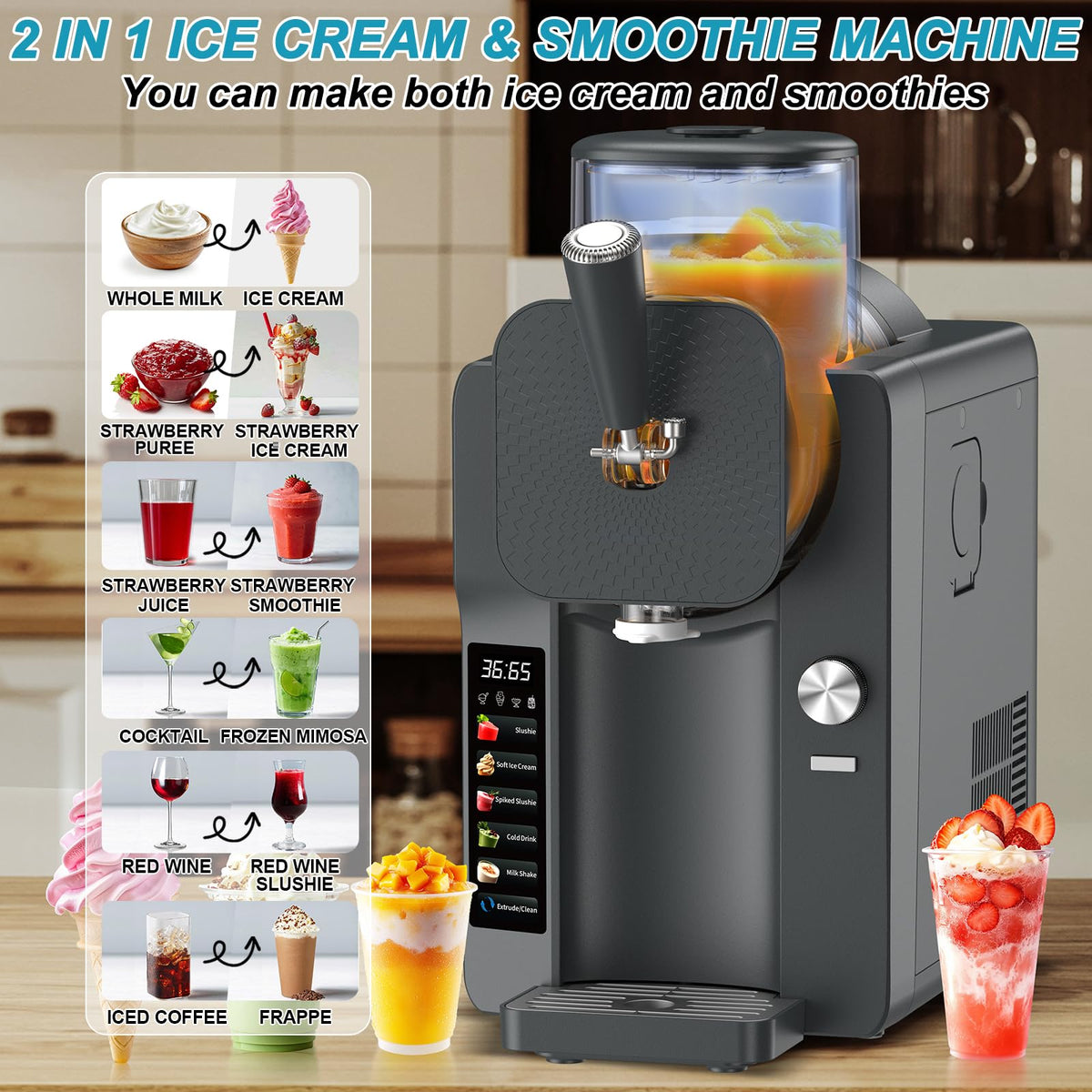 Ice Cream Maker, Slushie Machine for Home, Slushy Machine 70 oz Margarita Machine with 6 Preset Programs for Ice Cream, Milkshake, Cocktail, Frappés, 9-level Adjustable Thickness, Gray