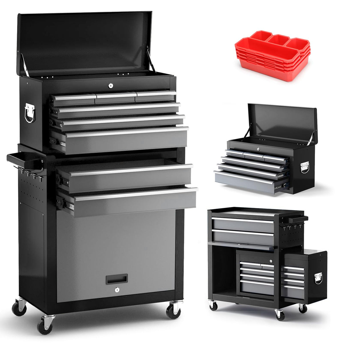 8-Drawer Tool Chest with Wheels,42'' Rolling Tool Chest Heavy Duty,Detachable Top Tool Box,Tool Cabinet with Hooks,Liners,Tray Divider,Rolling Tool Box for GaraStorage, Workshop,Warehouse,Black