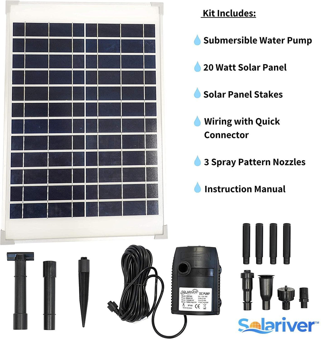 solariver solar water pump kit - 360+gph submersible pump with adjustable flow, 20 watt solar panel for sun powered fountain, pond aeration, hydroponics, aquaculture (no battery backup)