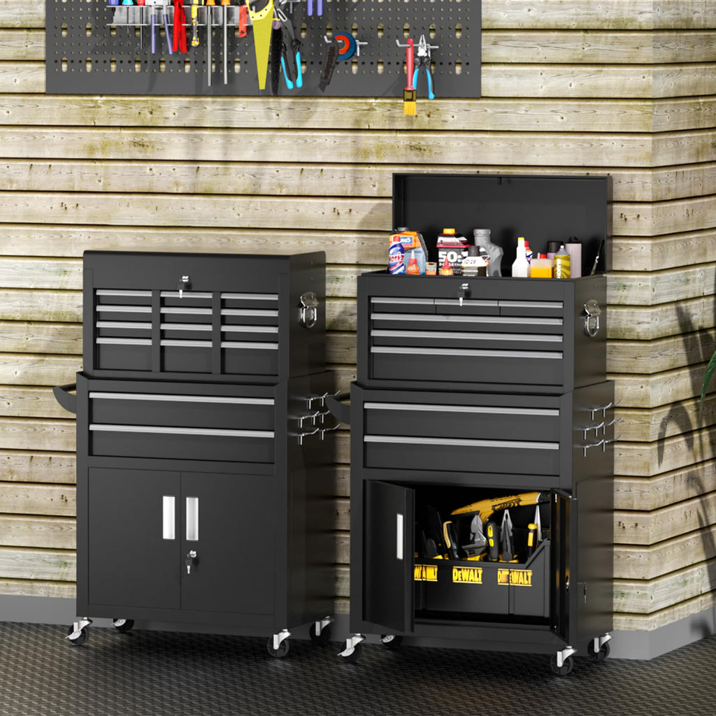 8-Drawers Rolling Tool Chest, Assembled Tool Chest with Wheels, Detachable Top Tool Box, Tool Cabinet for Repair Room,Warehouse, Rolling Tool Box with Hooks,Tray Divider,Liners(Black)