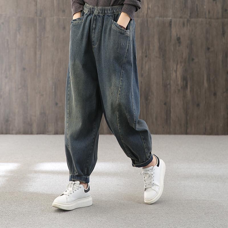 women retro high waist loose casual denim pants
