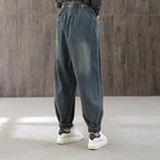 women retro high waist loose casual denim pants