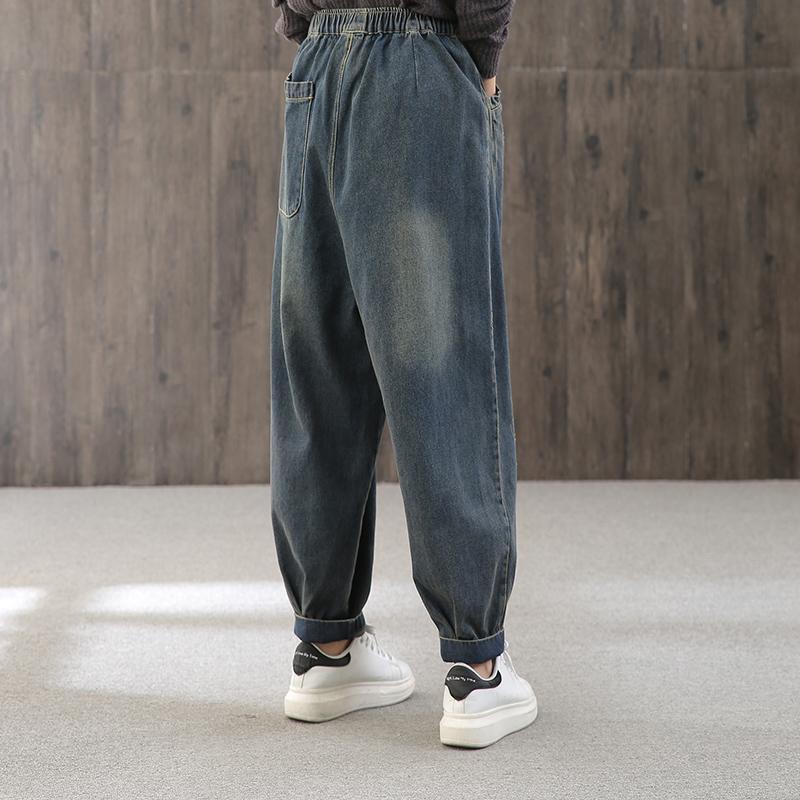 women retro high waist loose casual denim pants