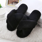 Women Home Slippers With Faux Fur Black Pink