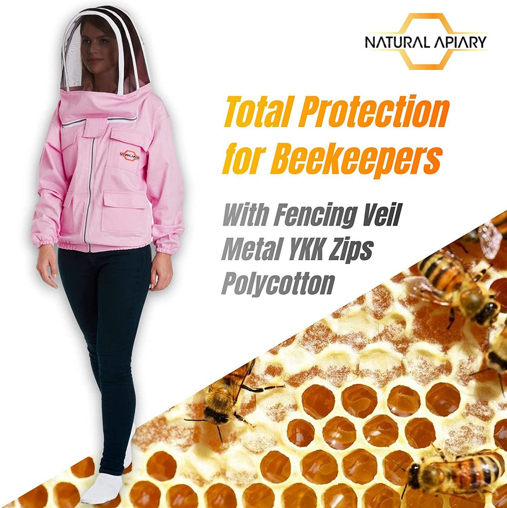 natural apiary apiarist polycotton jacket includes 1 x non-flammable fencing veil total body sting protection for professional &amp; beginner beekeepers, xl, pink