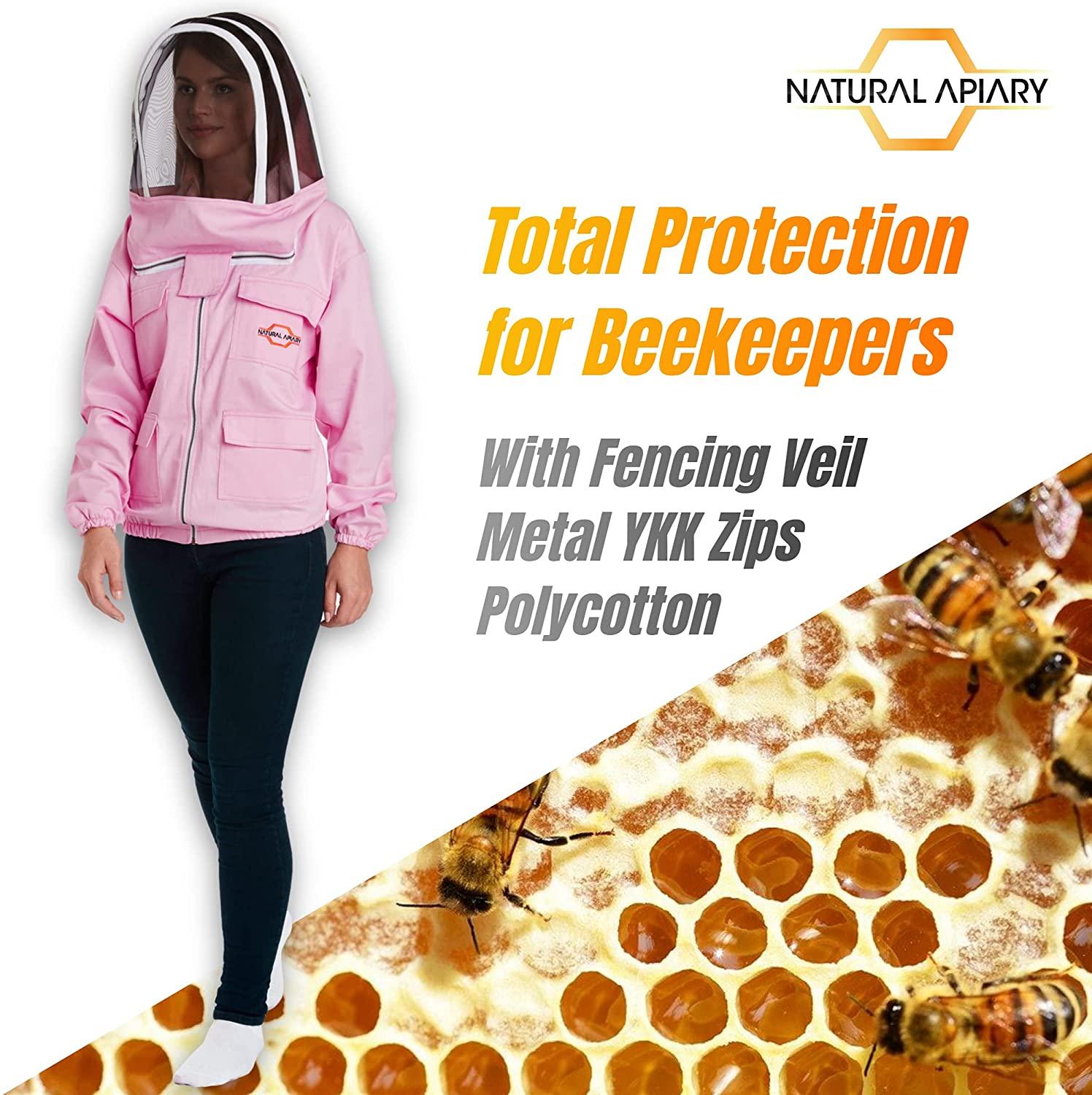 natural apiary apiarist polycotton jacket includes 1 x non-flammable fencing veil total body sting protection for professional &amp; beginner beekeepers, xl, pink