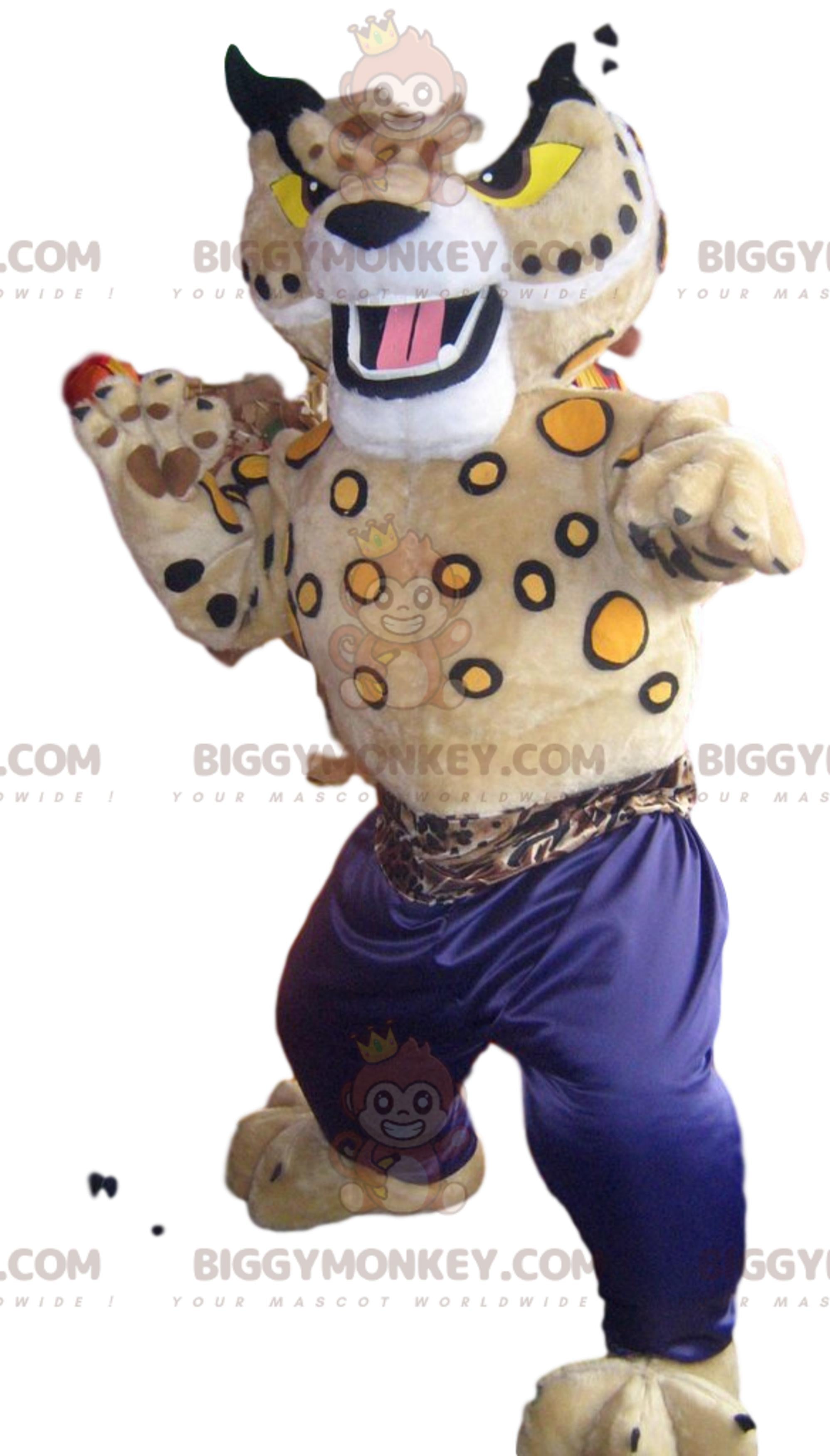 BIGGYMONKEYmascot costume of lynx beige with blue sports pants