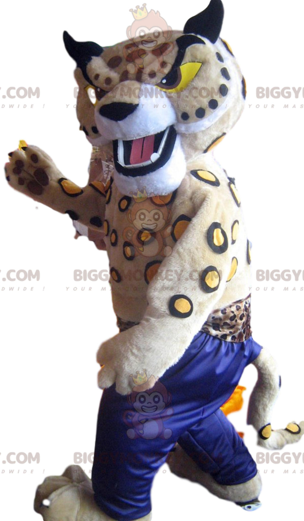 BIGGYMONKEYmascot costume of lynx beige with blue sports pants