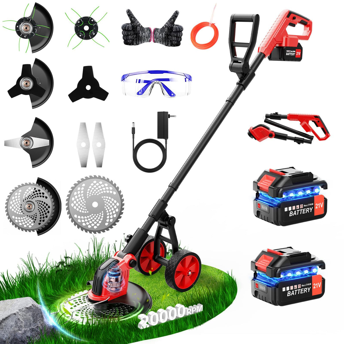 20000 RPM Electric Weed Wacker with Wheel,12″ Brushless Cordless Weed Eater Battery Powered, 4-in-1 Brush Cutter/String Trimmer/Grass Trimmer/Lawn Mower,Edger Stringless Weed Trimmer,5 Blade,2 Battery