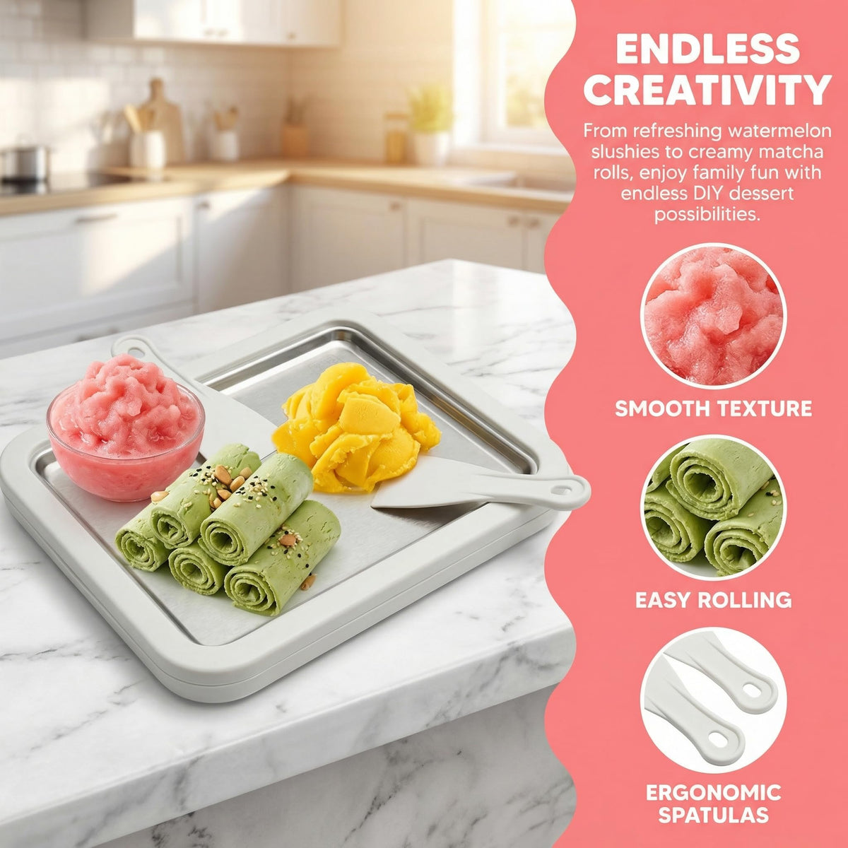 Ice Cream Maker, Rolled Ice Cream Maker, Soft Serve Ice Cream Maker – Perfect for Ice Cream, Frozen Yogurt & More! Food-Grade  Steel Ice Cream Roll Machine for Home Use (White)