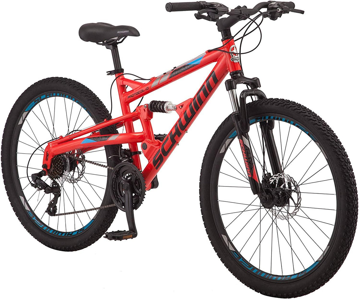 Schwinn Protocol 1.0 Mens and Womesn Mountain Bike, 26-Inch Wheels, 24-Speed Drivetrain, Lightweight Aluminum Frame, Full Suspension, Red/Blue