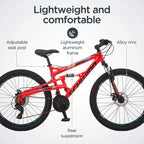 Schwinn Protocol 1.0 Mens and Womesn Mountain Bike, 26-Inch Wheels, 24-Speed Drivetrain, Lightweight Aluminum Frame, Full Suspension, Red/Blue