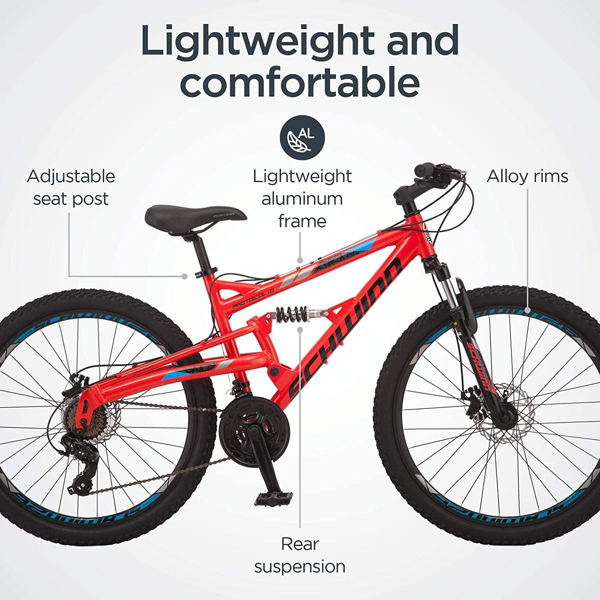 Schwinn Protocol 1.0 Mens and Womesn Mountain Bike, 26-Inch Wheels, 24-Speed Drivetrain, Lightweight Aluminum Frame, Full Suspension, Red/Blue
