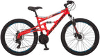 Schwinn Protocol 1.0 Mens and Womesn Mountain Bike, 26-Inch Wheels, 24-Speed Drivetrain, Lightweight Aluminum Frame, Full Suspension, Red/Blue