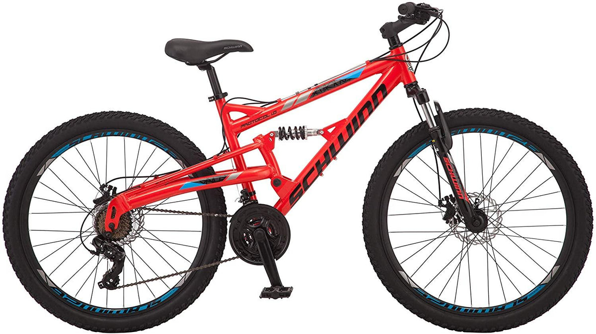 Schwinn Protocol 1.0 Mens and Womesn Mountain Bike, 26-Inch Wheels, 24-Speed Drivetrain, Lightweight Aluminum Frame, Full Suspension, Red/Blue