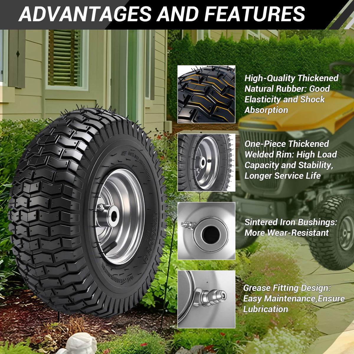 (2 Pack)  15x6.00-6nhs Lawn Mower Tires and Wheel Assembly, Replacement Riding Lawn Mower Front Tires, Compatible with    Lawn Mowers, 3/4" Bushings, 3" Centered Hub
