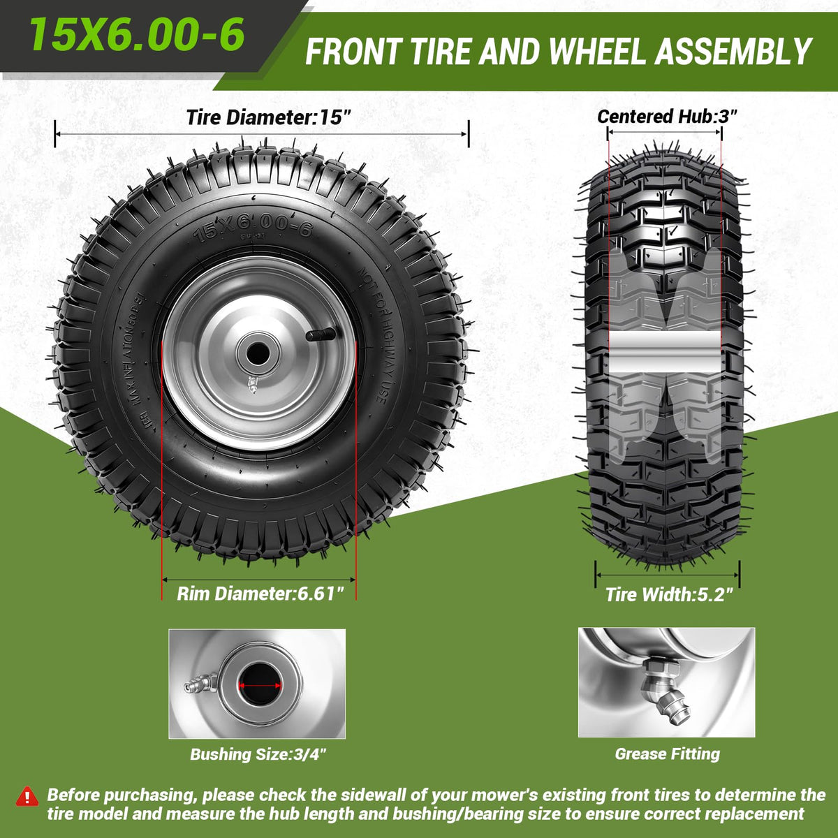 (2 Pack)  15x6.00-6nhs Lawn Mower Tires and Wheel Assembly, Replacement Riding Lawn Mower Front Tires, Compatible with    Lawn Mowers, 3/4" Bushings, 3" Centered Hub