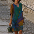 Leaf Print V-neck Short Sleeve Midi Dress Women