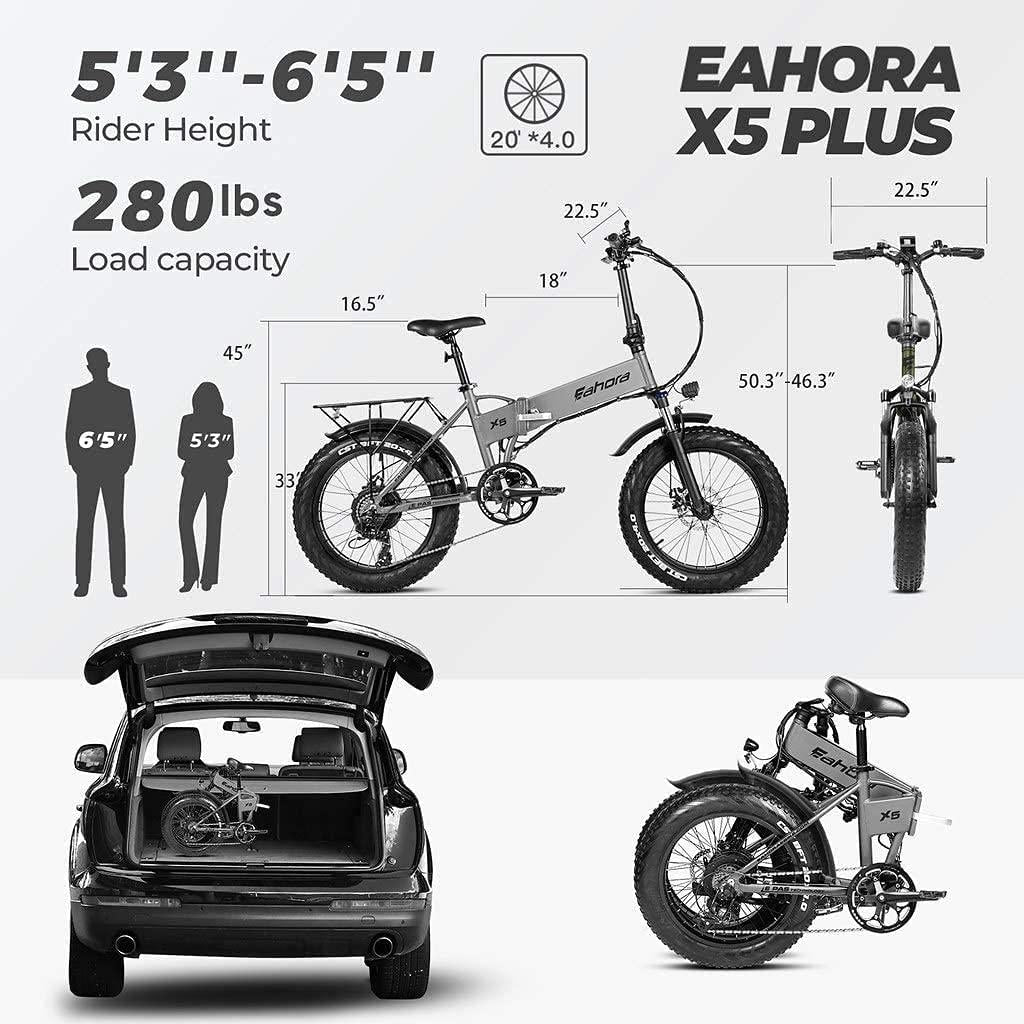 Eahora X5 Plus 750W Fat Tire Folding Electric Bicycle 48V Electric Bikes for Adults Hydraulic Brakes, Full Suspension, Removable Lithium Battery, E-PAS RecharSystem, 8-Speed Gears
