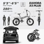 Eahora X5 Plus 750W Fat Tire Folding Electric Bicycle 48V Electric Bikes for Adults Hydraulic Brakes, Full Suspension, Removable Lithium Battery, E-PAS RecharSystem, 8-Speed Gears