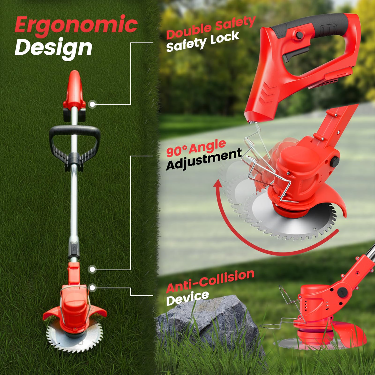 24V Electric Weed Wacker with Wheels, Grass Trimmer Cordless, 3 in 1 Weed Eater Battery Powered with 2pcs Batteries &amp; Charger, Weed Trimmer/Brush Cutter/Edger Lightweight for Lawn &amp; Yard
