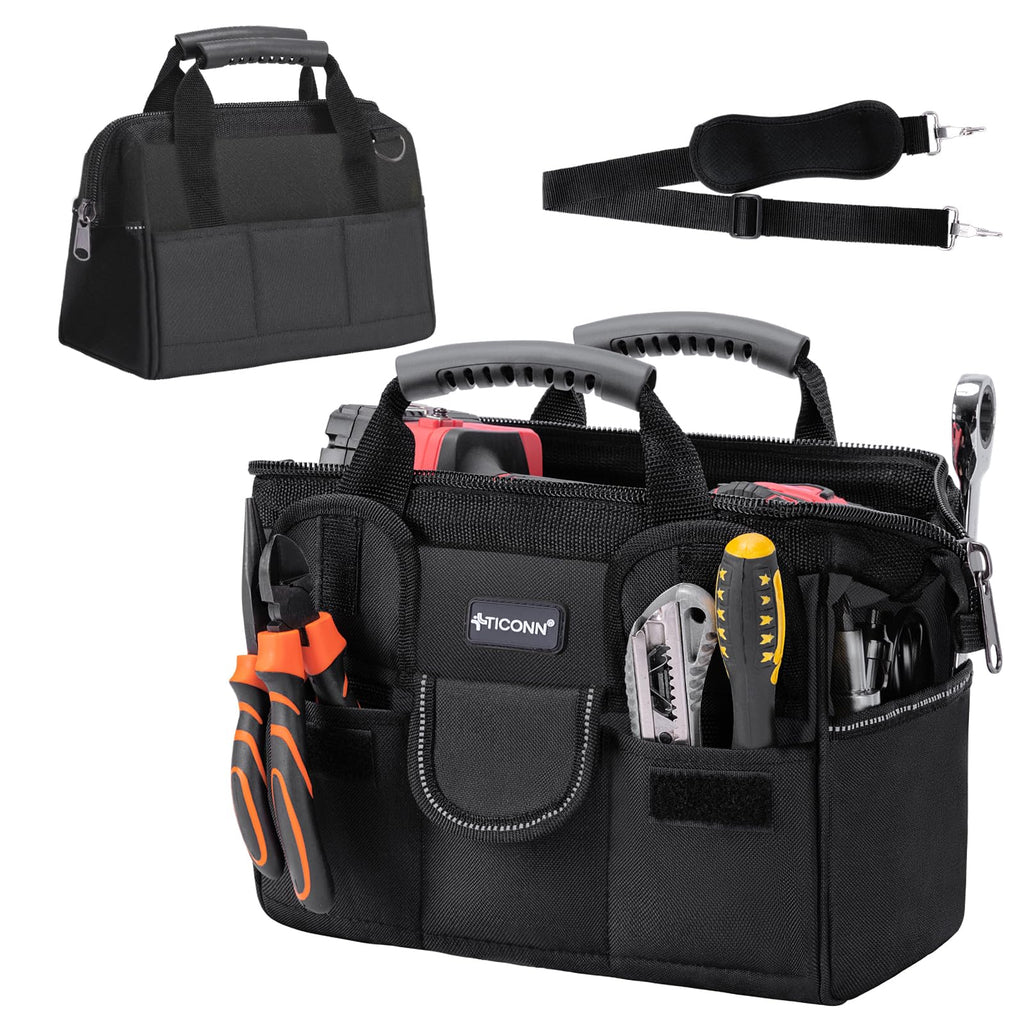 Heavy Duty Tool Bag with Multi-Pockets, Portable Tool Box Organizer StoraBag, with Adjustable Shoulder Strap and Ergonomic Handle (Black, 12" Standard Base)