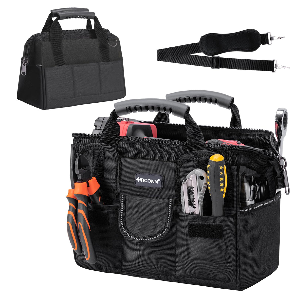 Heavy Duty Tool Bag with Multi-Pockets, Portable Tool Box Organizer StoraBag, with Adjustable Shoulder Strap and Ergonomic Handle (Black, 12" Standard Base)