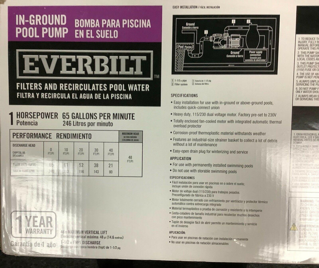 everbilt pcp10002 in-ground pool pump 1 horsepower 65 gallons per minute