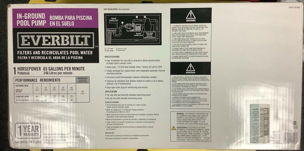 everbilt pcp10002 in-ground pool pump 1 horsepower 65 gallons per minute