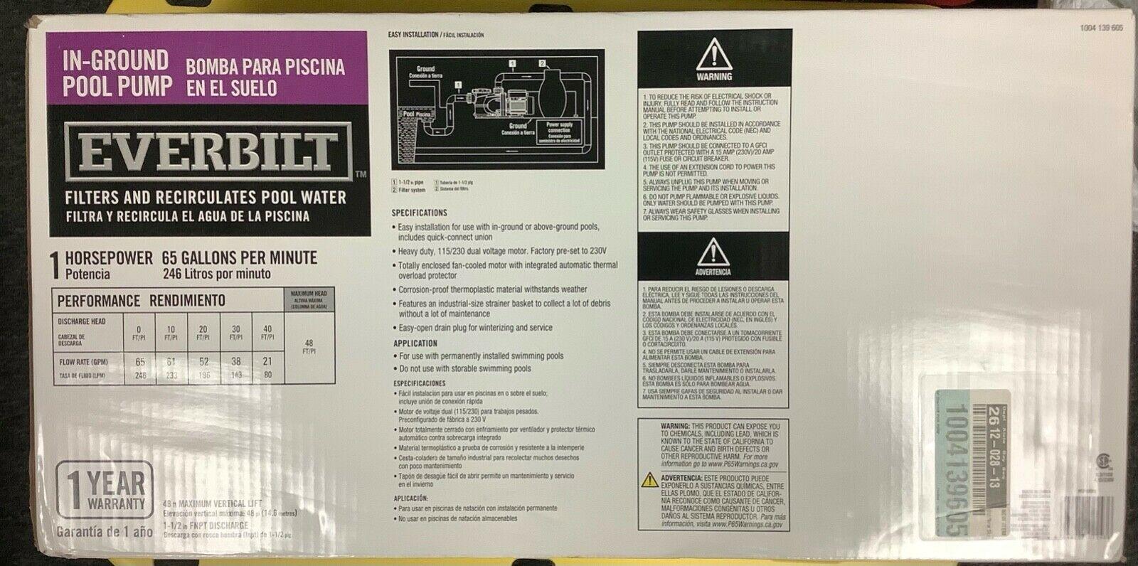 everbilt pcp10002 in-ground pool pump 1 horsepower 65 gallons per minute