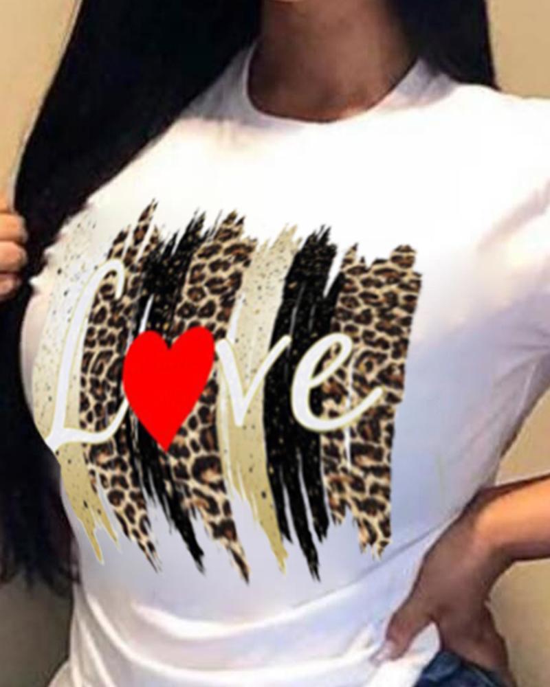 leopard letter&amp;heart print short sleeve t-shirt