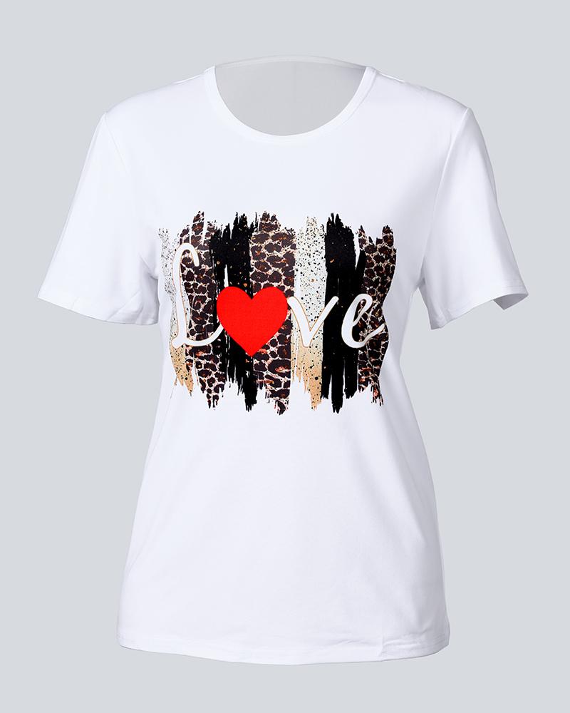 leopard letter&amp;heart print short sleeve t-shirt