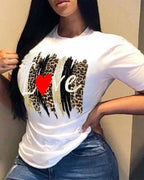 leopard letter&amp;heart print short sleeve t-shirt