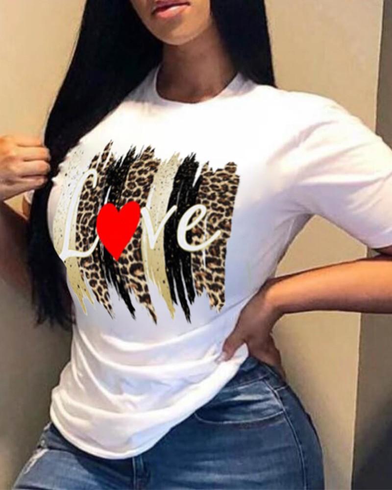 leopard letter&amp;heart print short sleeve t-shirt