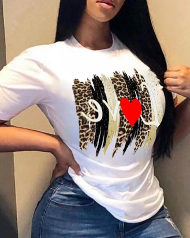 leopard letter&amp;heart print short sleeve t-shirt