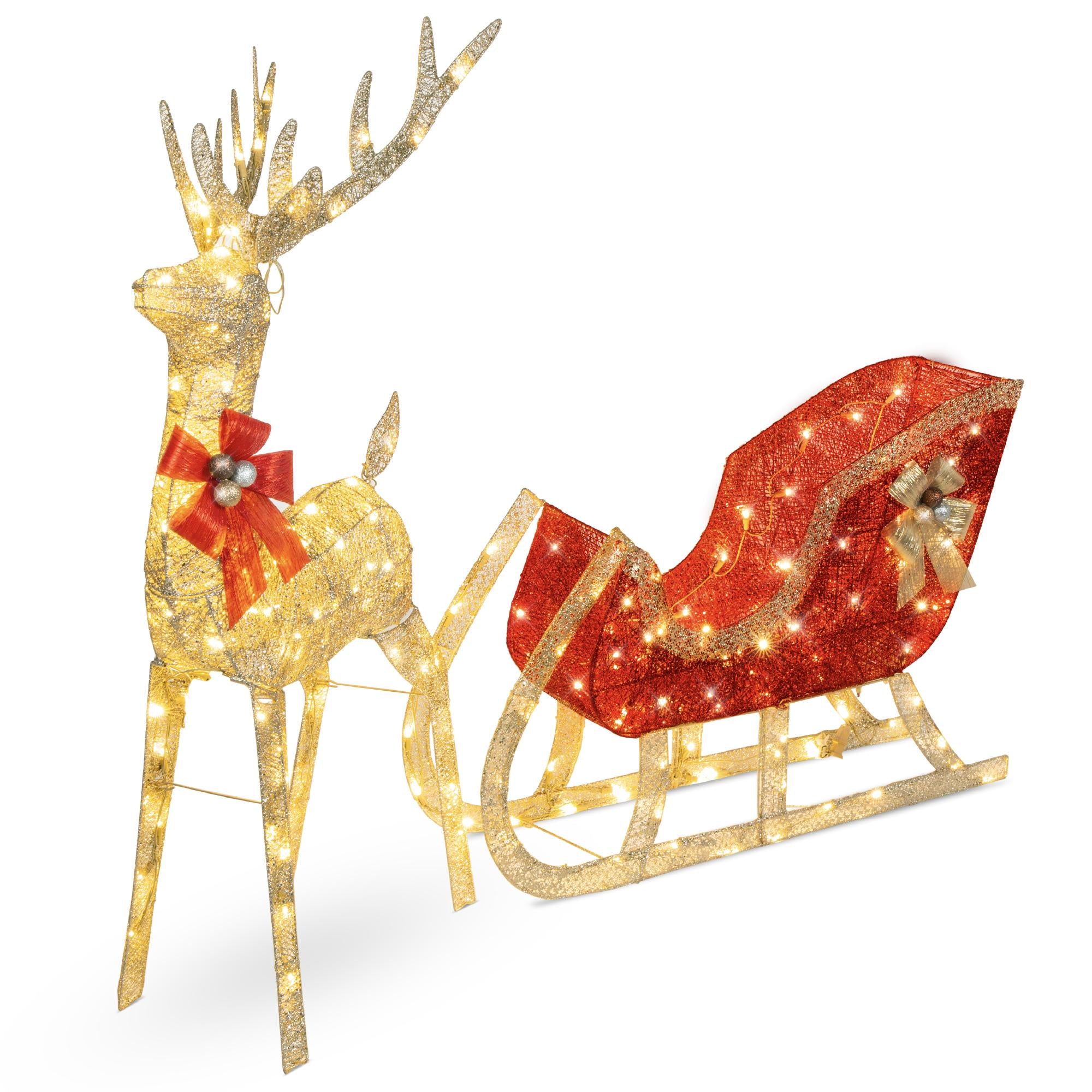 Lighted Christmas 4ft Reindeer &amp; Sleigh Outdoor Yard Decoration Set w/ 205 LED Lights, Stakes