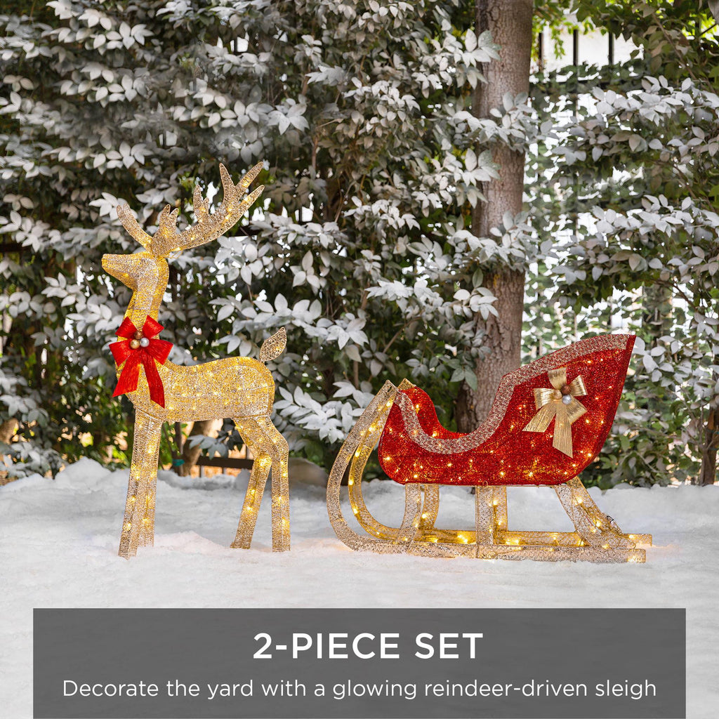 Lighted Christmas 4ft Reindeer &amp; Sleigh Outdoor Yard Decoration Set w/ 205 LED Lights, Stakes