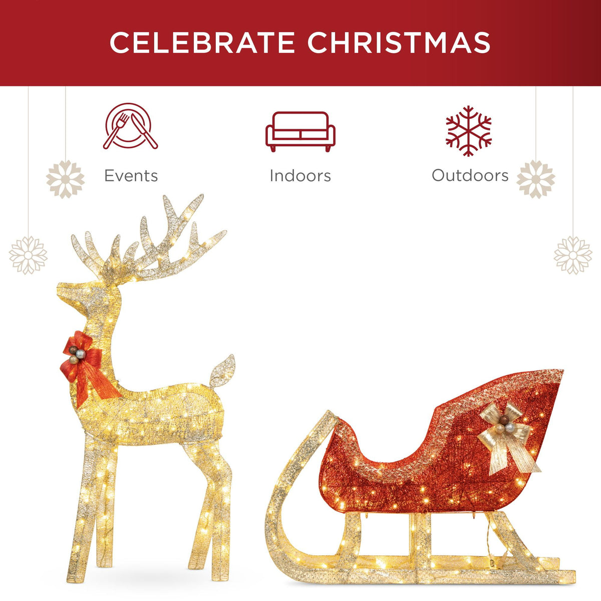 Lighted Christmas 4ft Reindeer &amp; Sleigh Outdoor Yard Decoration Set w/ 205 LED Lights, Stakes