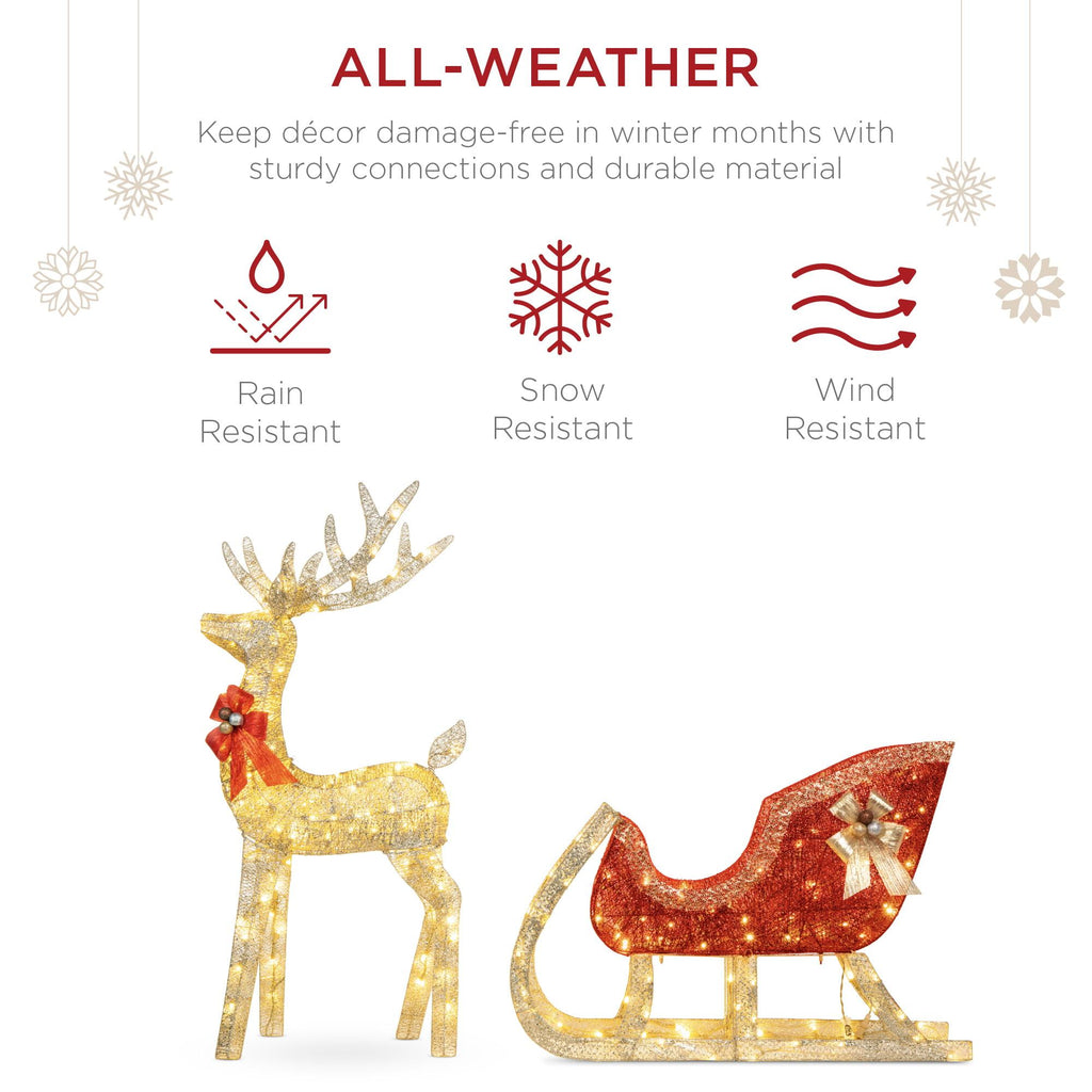 Lighted Christmas 4ft Reindeer &amp; Sleigh Outdoor Yard Decoration Set w/ 205 LED Lights, Stakes