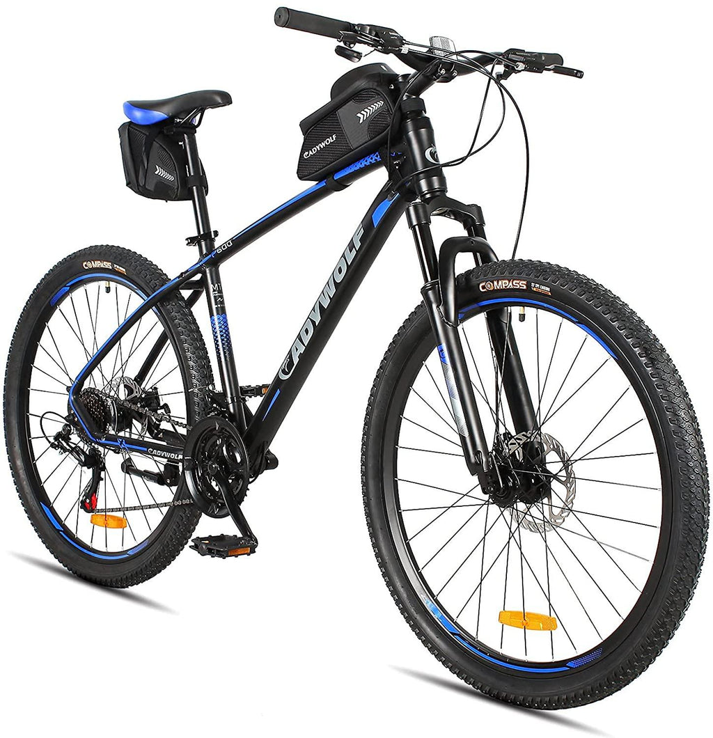 Mountain Bike Aluminum Alloy,27.5x17.5 inch Frame, 21 Speed Derailleurs,Suspension Front Fork and Dual-Disc Brake,Bicycle Bags with Seat Cover and Pump for Adult/Youth/Man and Women